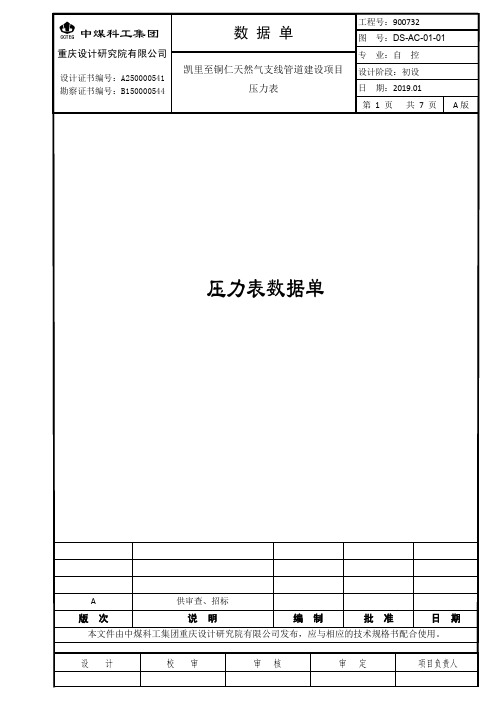 天然气支线管道建设项目站场控制设备自控：压力表数据单