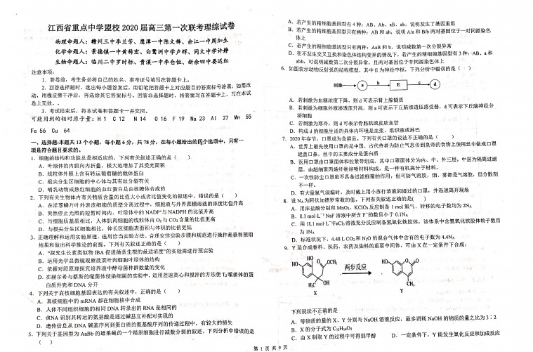 【理综】2020年4月江西省重点中学盟校2020届高三下学期第一次联考理综试题及参考答案