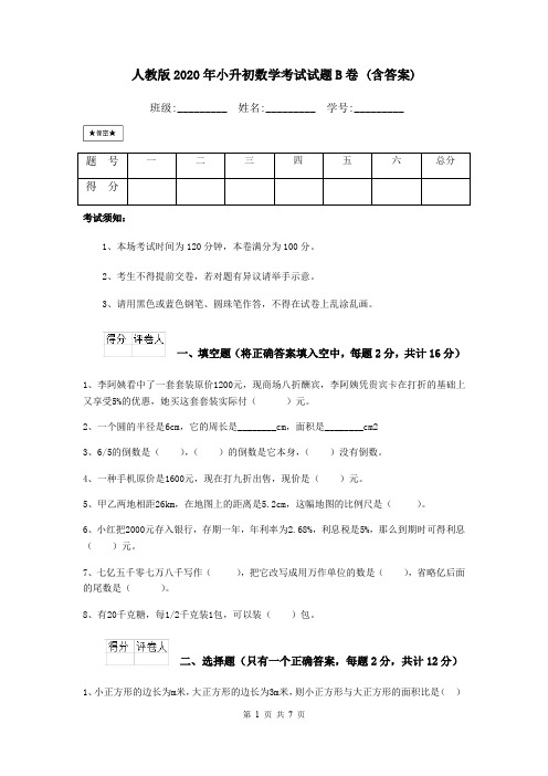 人教版2020年小升初数学考试试题B卷 (含答案)