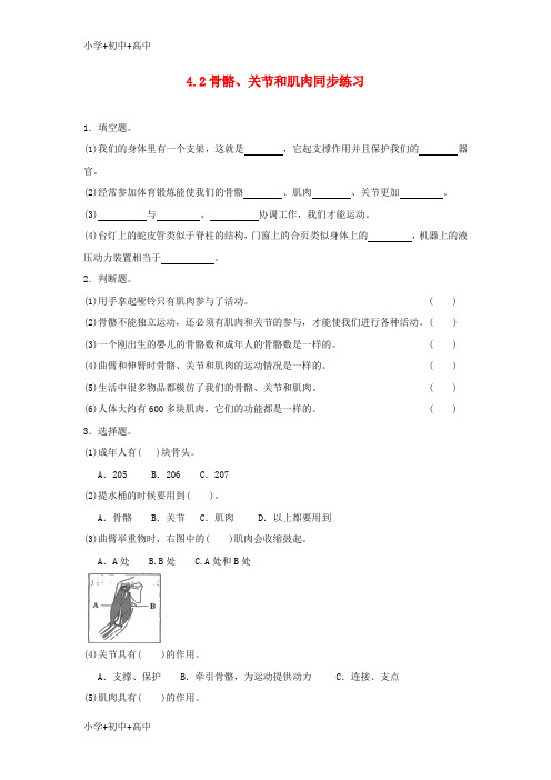 教育最新K12四年级科学上册4.2骨骼关节和肌肉练习教科版