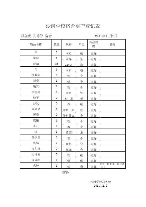 宿舍财产登记表