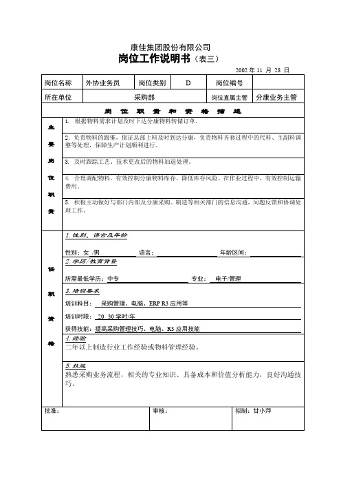岗位工作说明书(外协业务员).doc