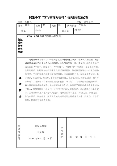 3.3“学习雷锋好榜样”优秀队员登记表