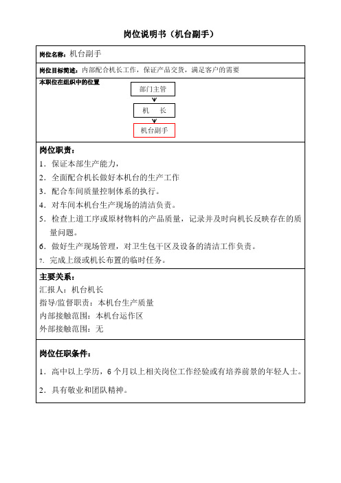 岗位说明书(机台副手)