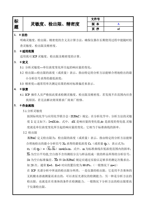 灵敏度、检出限、精密度(珀金埃尔默电感耦合等离子体发射光谱仪Optima2100DV)