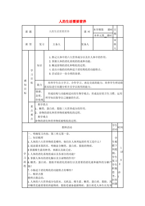 七年级生物下册第一章人的生活需要营养复习教案(新版)济南版
