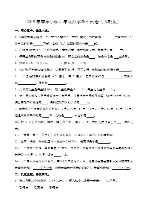 2019年小学六年级小升初数学毕业模拟试卷附参考答案