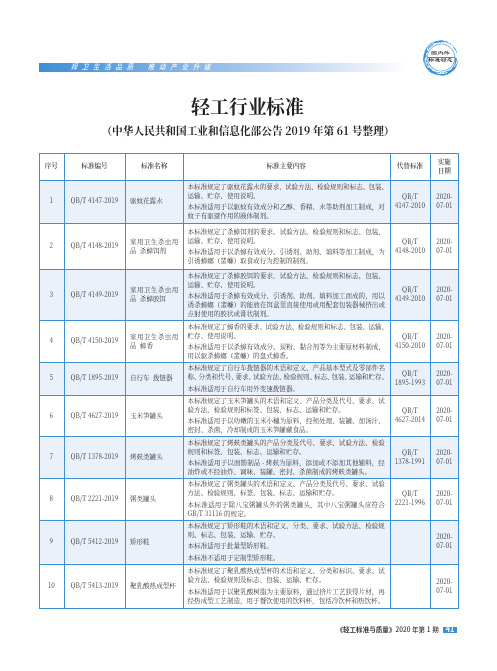 轻工行业标准(中华人民共和国工业和信息化部公告2019年第61号整理)