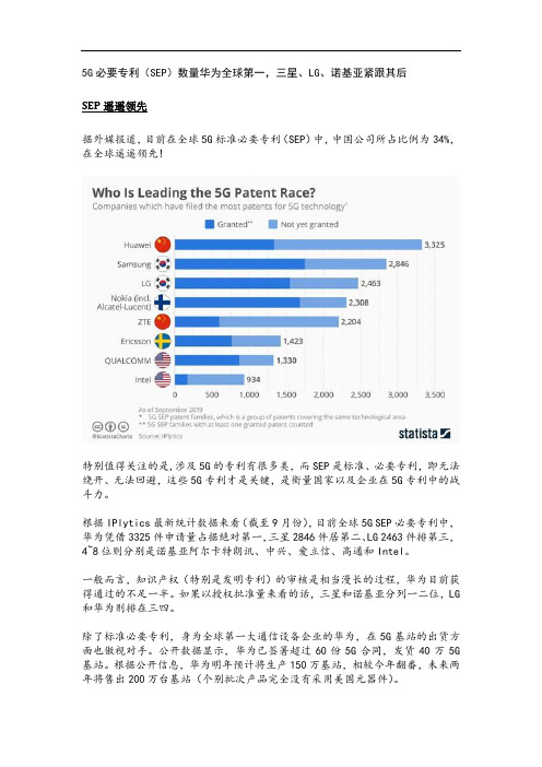 5G必要专利(SEP)数量华为全球第一,三星、LG、诺基亚紧跟其后