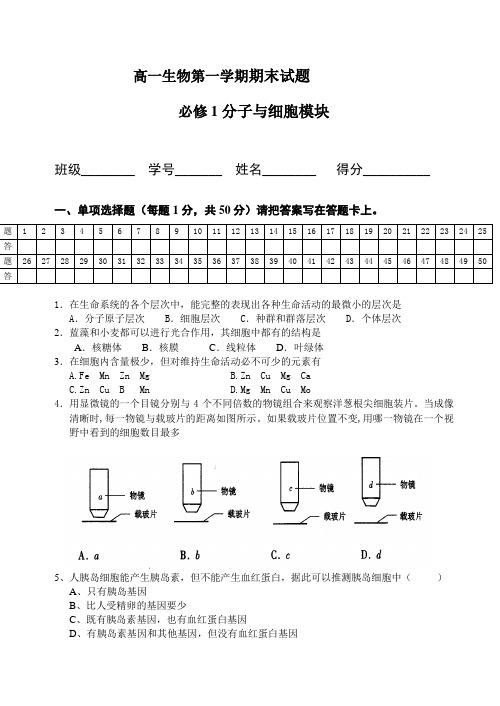 516高一生物第一学期期末试题