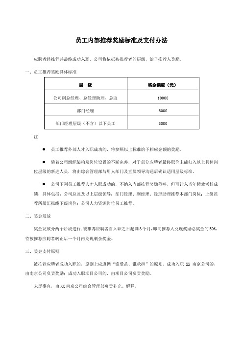 xx房地产公司员工内部推荐奖励标准及支付办法