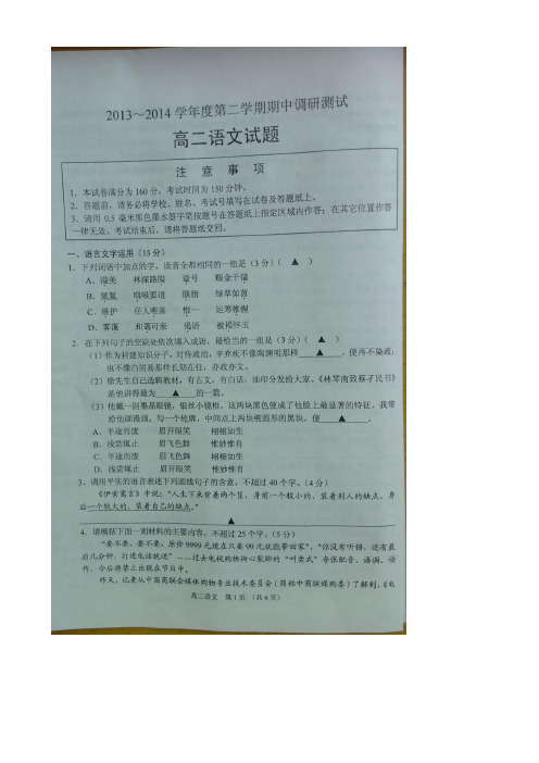 江苏省沭阳县高二下学期期中考试 语文 图片试题答案