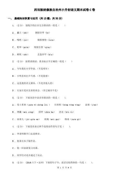 西双版纳傣族自治州小升初语文期末试卷C卷