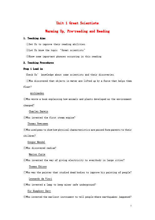 高中英语 Unit 1 Great scientistWarming Up and Reading 教案 新人教版必修5