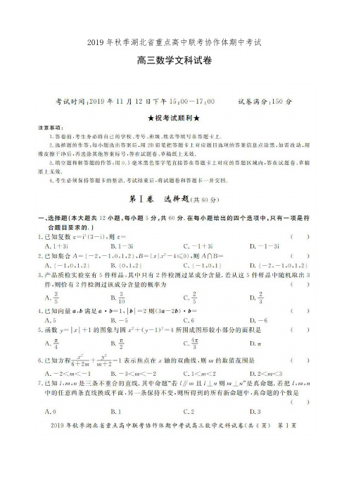 湖北省普通高中联考协作体2020届高三上学期期中考试数学(文)试卷(有答案)