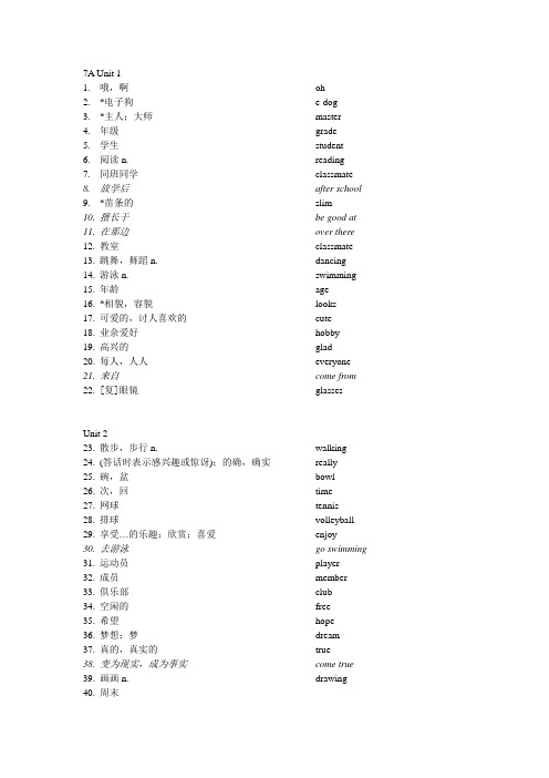 江苏牛津译林版7A所有单词(中英)
