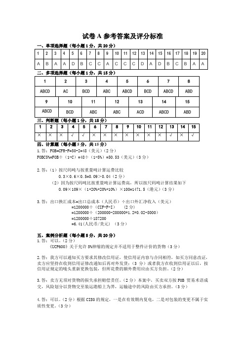 《国际贸易实务》试卷AB参考答案及评分标准