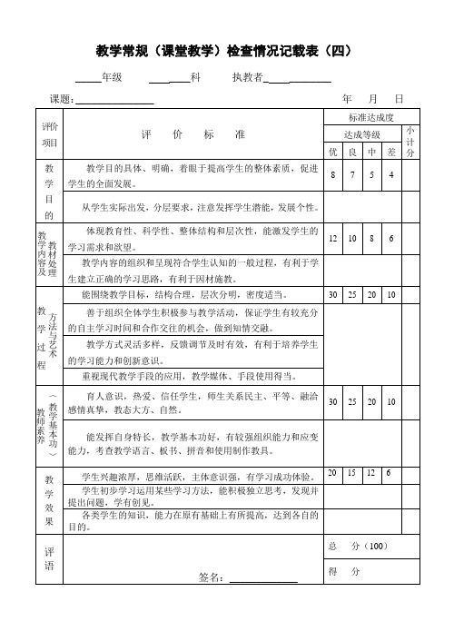 教学常规(课堂教学)检查情况 记载表