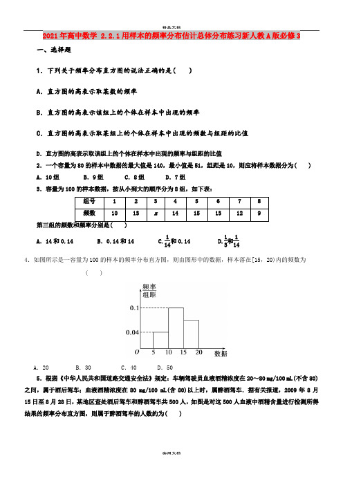 2021年高中数学 2.2.1用样本的频率分布估计总体分布练习新人教A版必修3