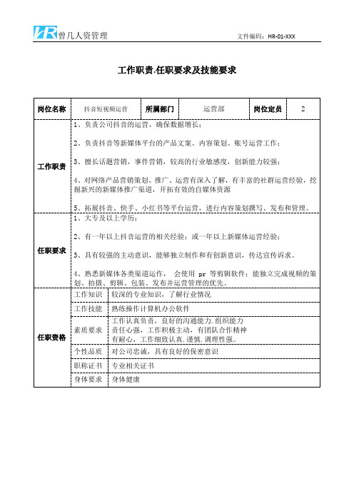 抖音短视频运营工作职责和任职要求模板