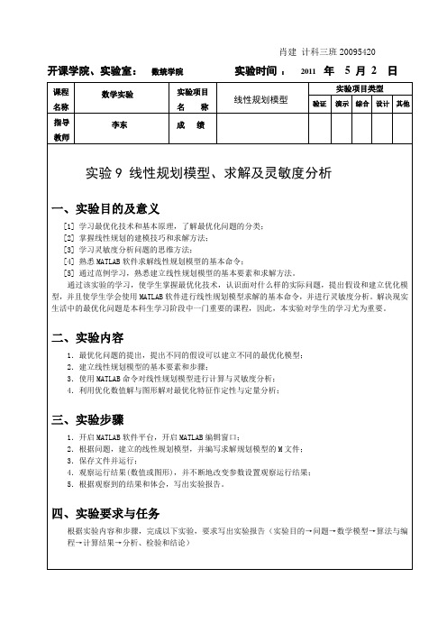 线性规划模型 实验报告