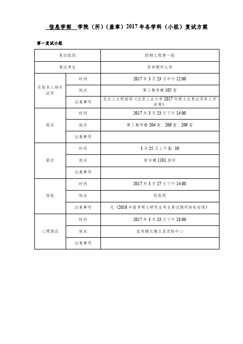 (盖章)2017年各学科(小组)复试方案