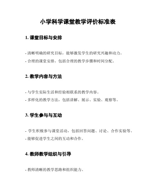 小学科学课堂教学评价标准表