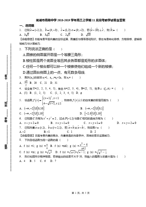 芜湖市高级中学2018-2019学年高三上学期11月月考数学试卷含答案
