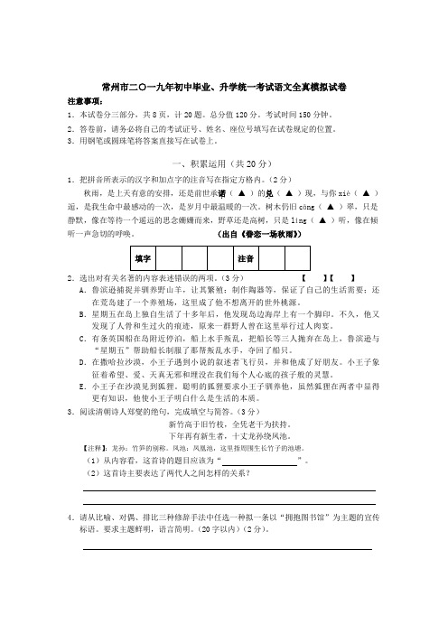 江苏省常州市2019年初中毕业、升学统一考试语文全真模拟试卷 (2)
