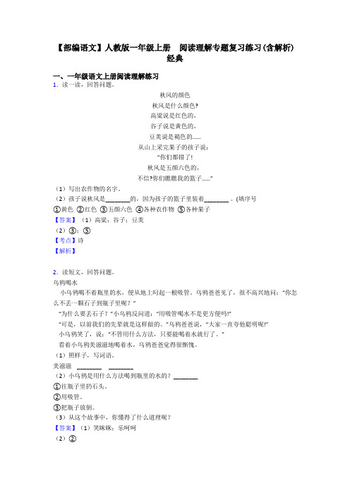 一年级【部编语文】人教版一年级上册  阅读理解专题复习练习(含解析)经典
