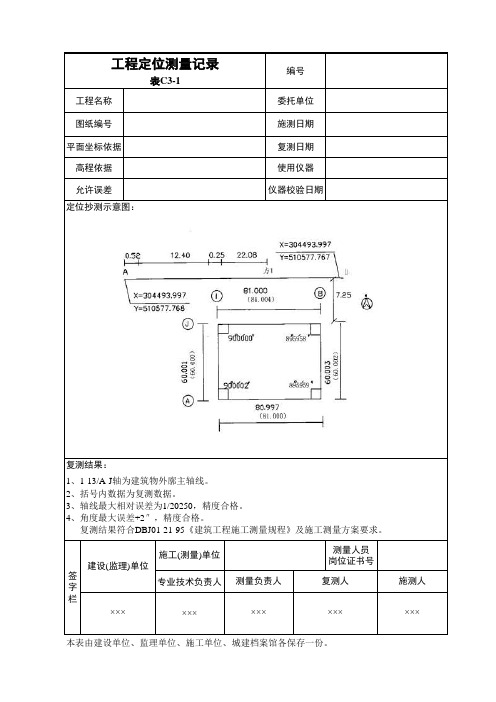 建筑工程施工测量记录-工程定位测量记录表