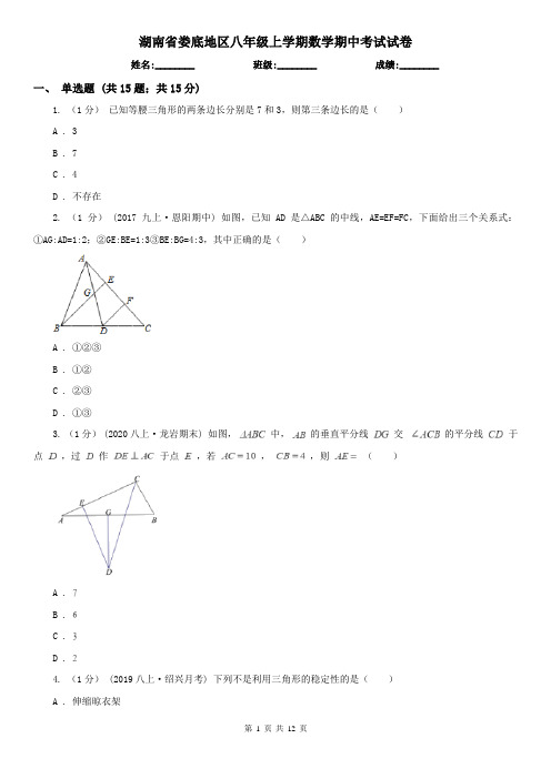 湖南省娄底地区八年级上学期数学期中考试试卷