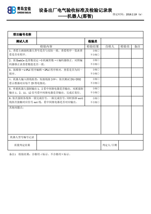 设备出厂前电气调试验收单——机器人(那智)