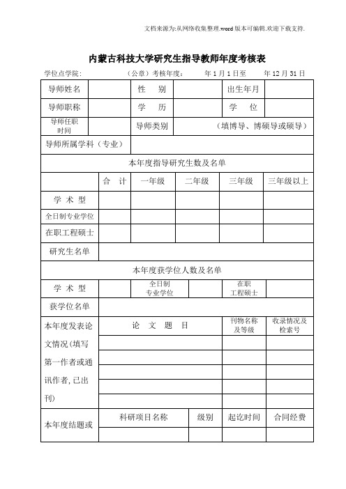 内蒙古科技大学研究生指导教师考核表