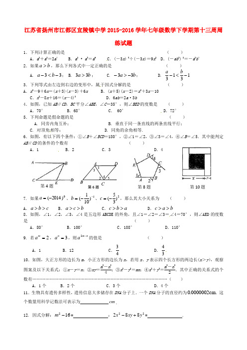 江苏省扬州市江都区宜陵镇中学2015-2016学年七年级数学下学期第十三周周练试题(无答案)