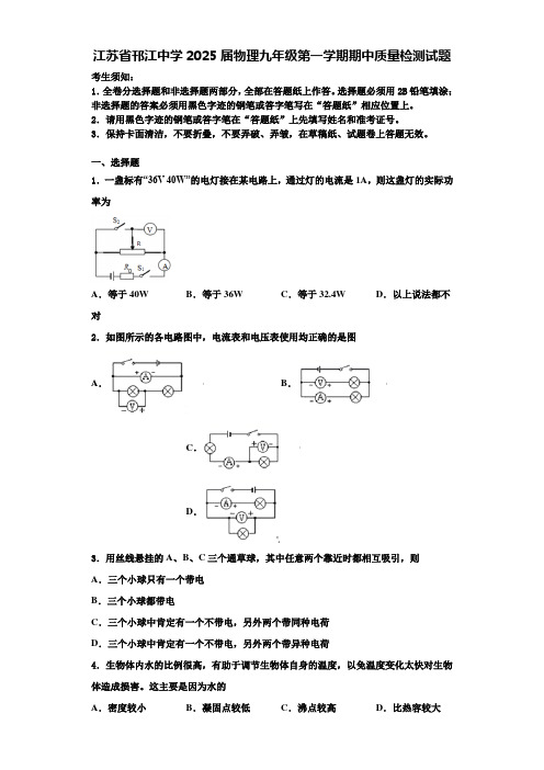 江苏省邗江中学2025届物理九年级第一学期期中质量检测试题含解析