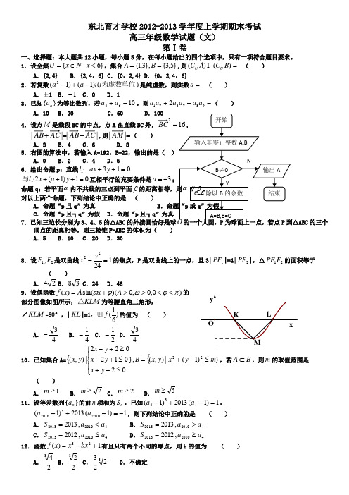 东北育才学校2012-2013学年度上学期期末考试高三文科数学