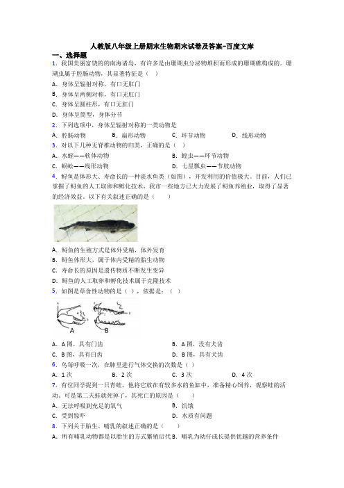 人教版八年级上册期末生物期末试卷及答案-百度文库