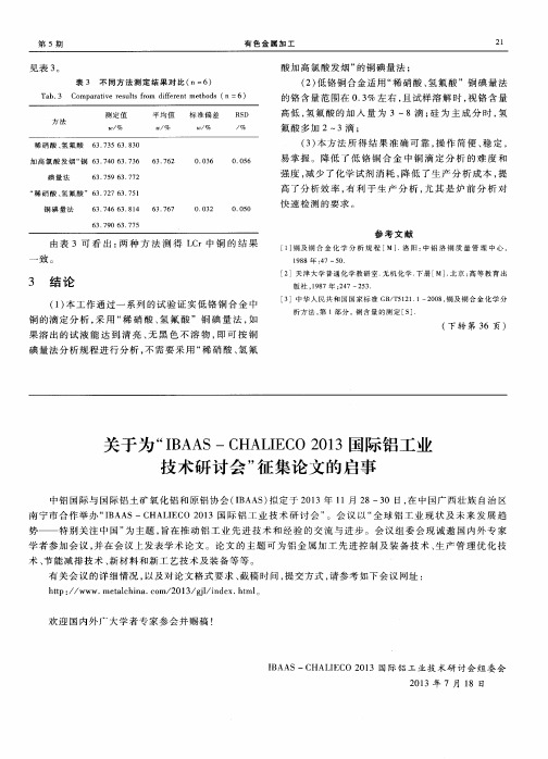 关于为“IBAAS-CHALIECO2013国际铝工业技术研讨会”征集论文的启事