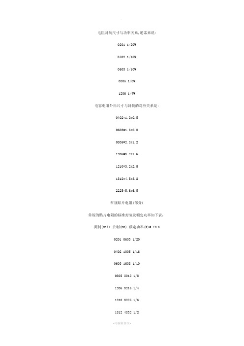 贴片电阻功率与尺寸对照表