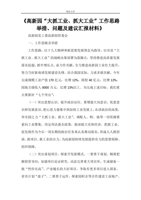 《高新园“大抓工业、抓大工业”工作思路举措、问题及建议汇报材料》