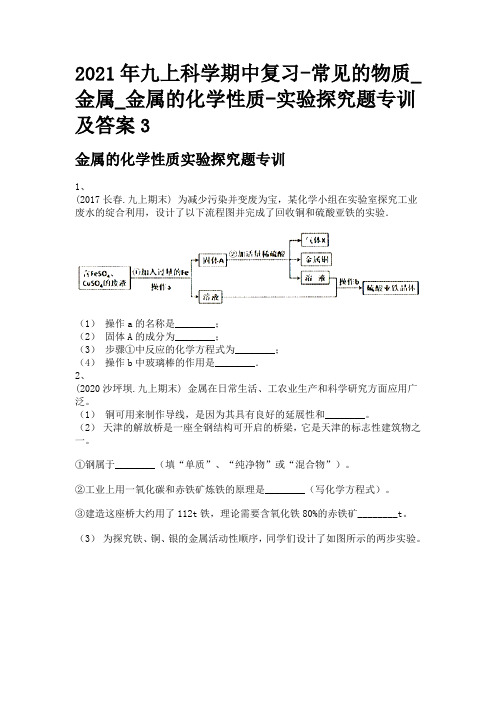 2021年九上科学期中复习-常见的物质_金属_金属的化学性质-实验探究题专训及答案3