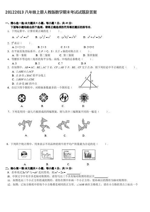 20122013八年级上册人教版数学期末考试试题及答案
