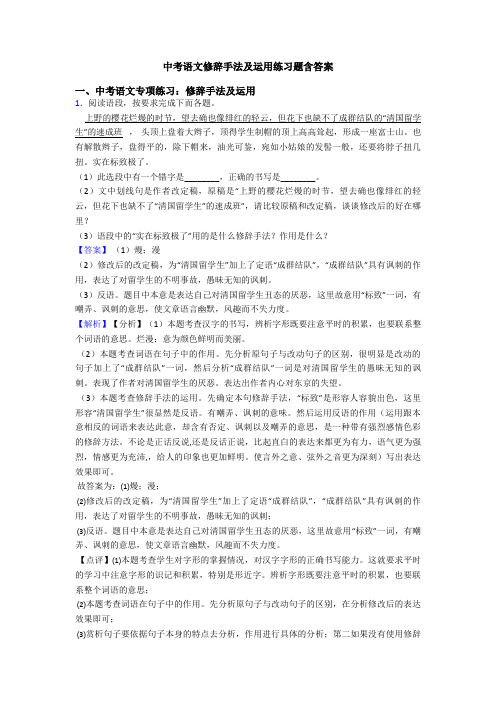 中考语文修辞手法及运用练习题含答案