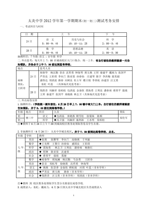 太炎中学2012学年第一学期期末(初一初二)测试考务安排