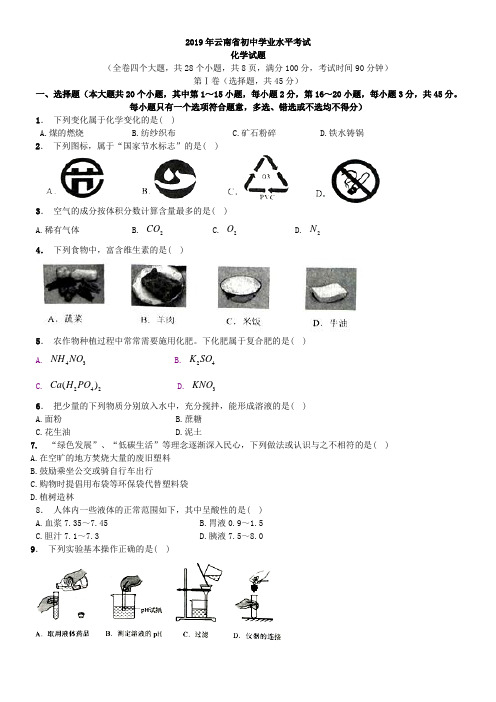 中考真题-2019年云南省中考化学真题