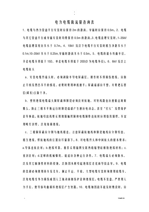 电力电缆载流量查询表