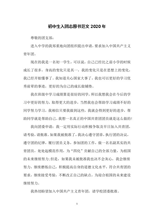 初中生入团志愿书范文2020年