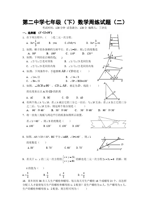 第二中学七年级(下)数学周练试题(二)