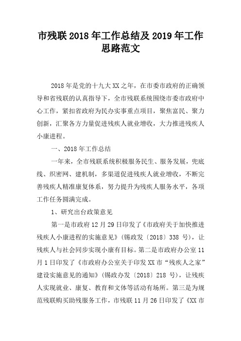 市残联2018年工作总结及2019年工作思路范文